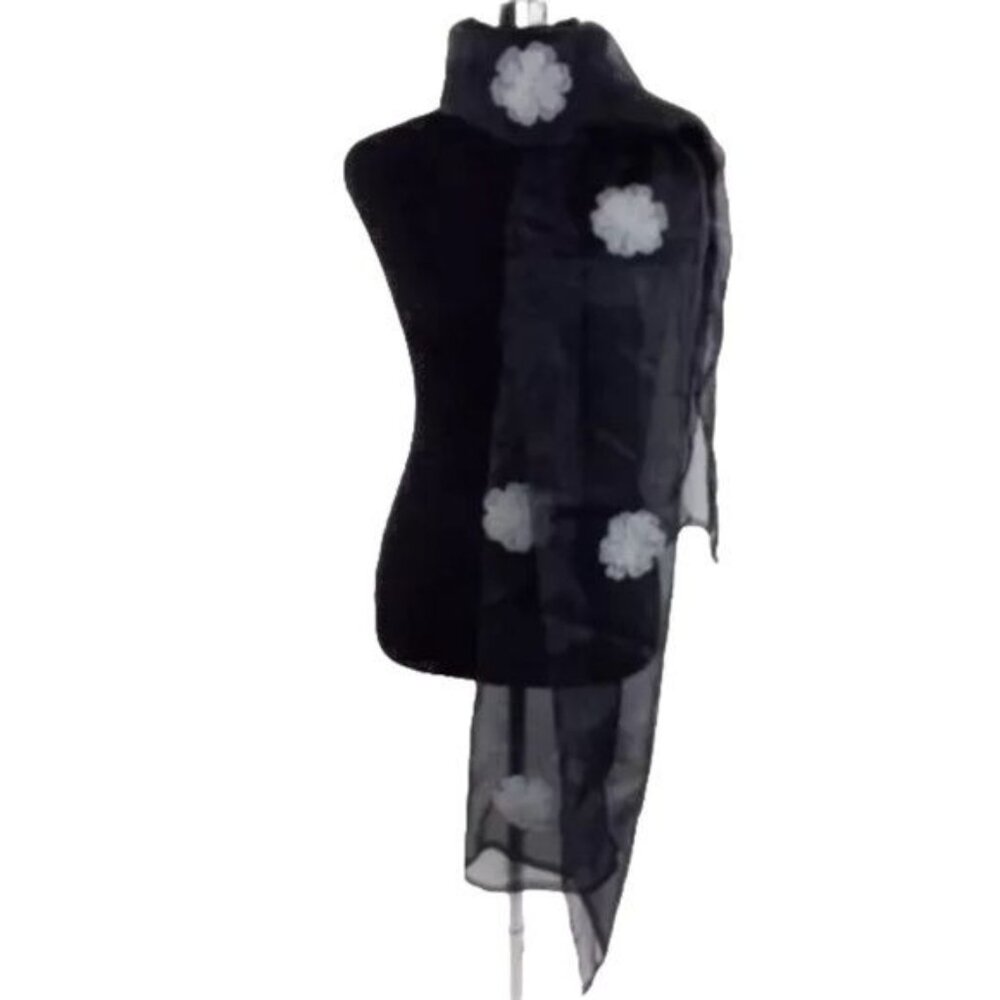 Artsy Black & White Floral Double Layer Illusion Sheer Mesh Scarf